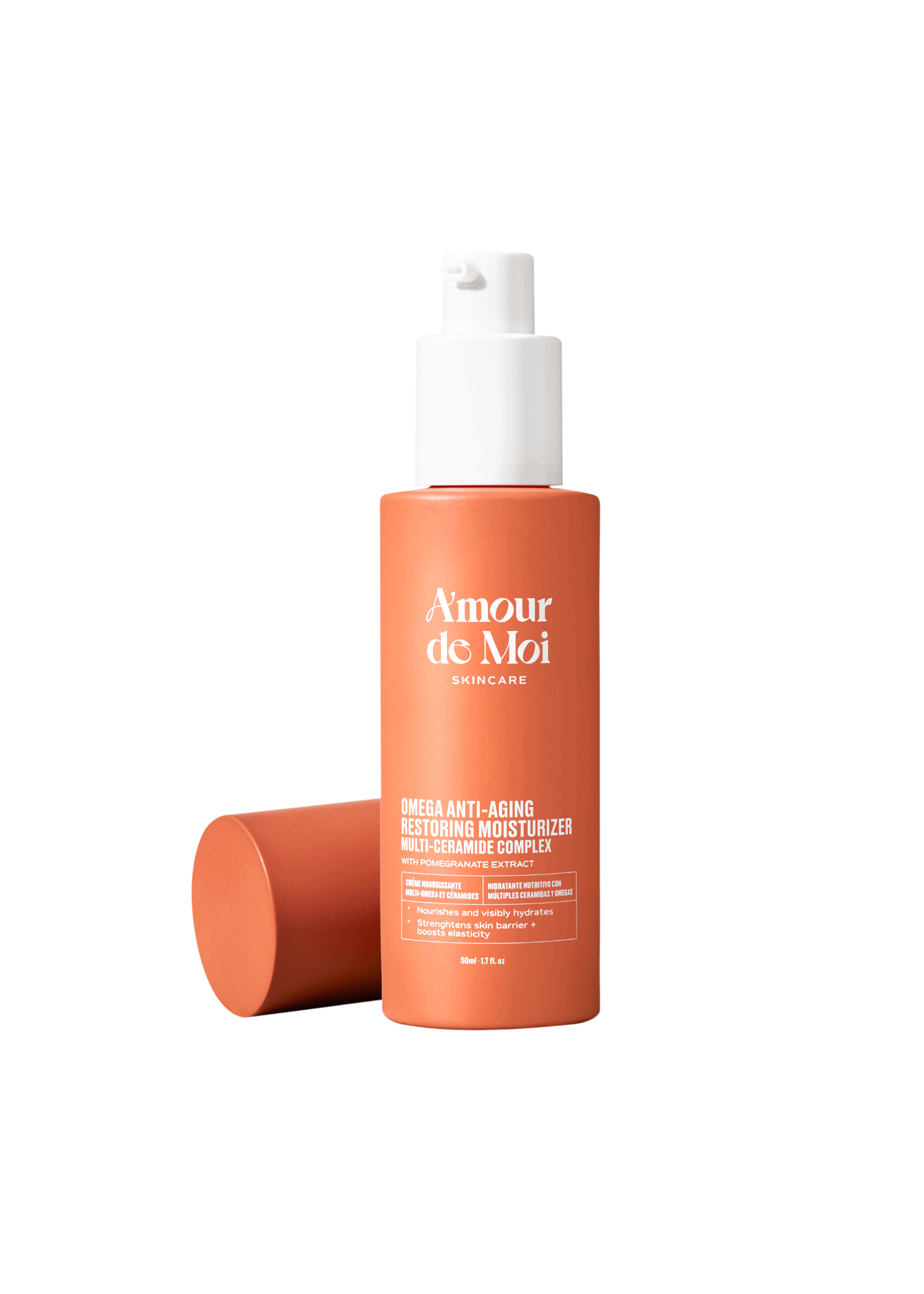 An open bottle of anti-aging multi ceramide omega skin restoring moisturizer dripping product on white background