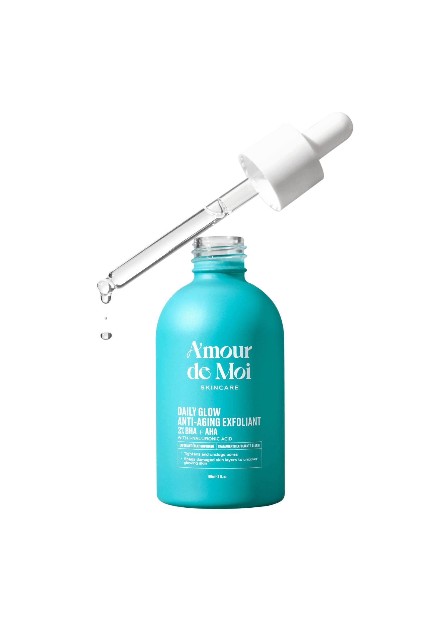An open bottle of BHA AHA daily glow anti-aging exfoliant with dropper dripping product on white background
